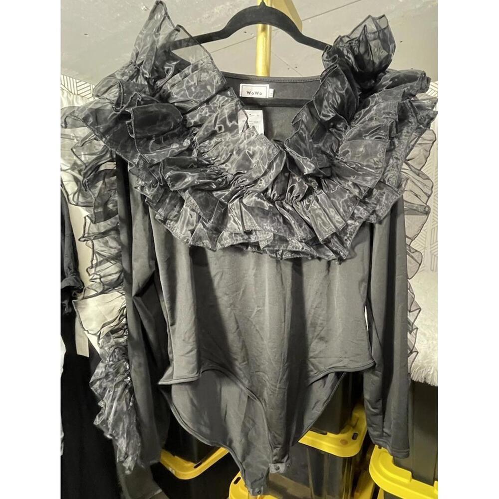 NWT Wowo Women’s Black Ruffled Bodysuit Long Sleeves Stretch Size XL